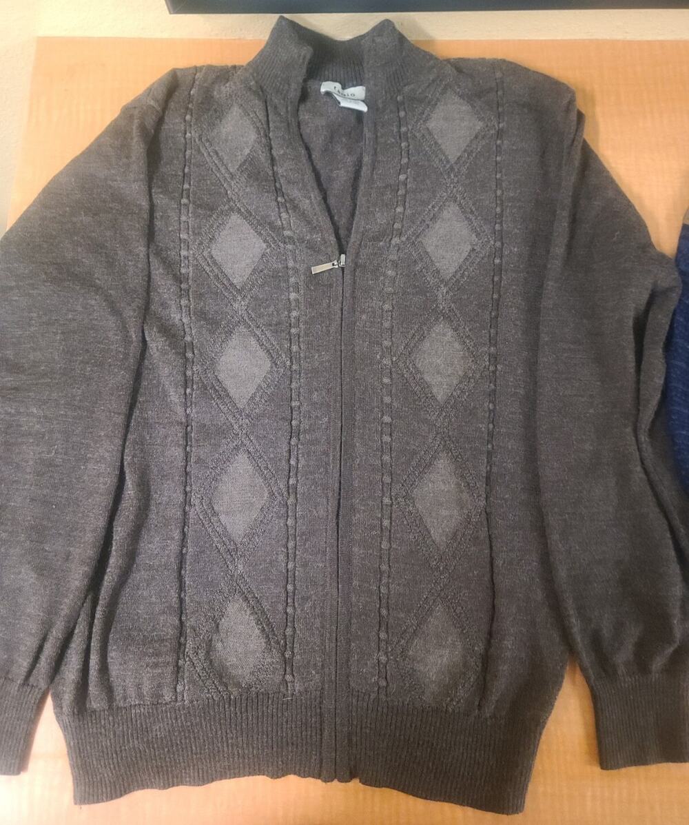 Tagio Men's Zip Cardigan Sweater Wool Blend Argyle Pattern Medium Grandpa